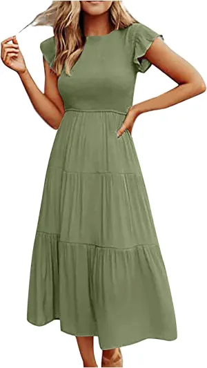 Womens 2023 Summer Casual Flutter Short Sleeve Long Dresses Crew Neck Smocked Elastic Waist Tiered Midi Dress