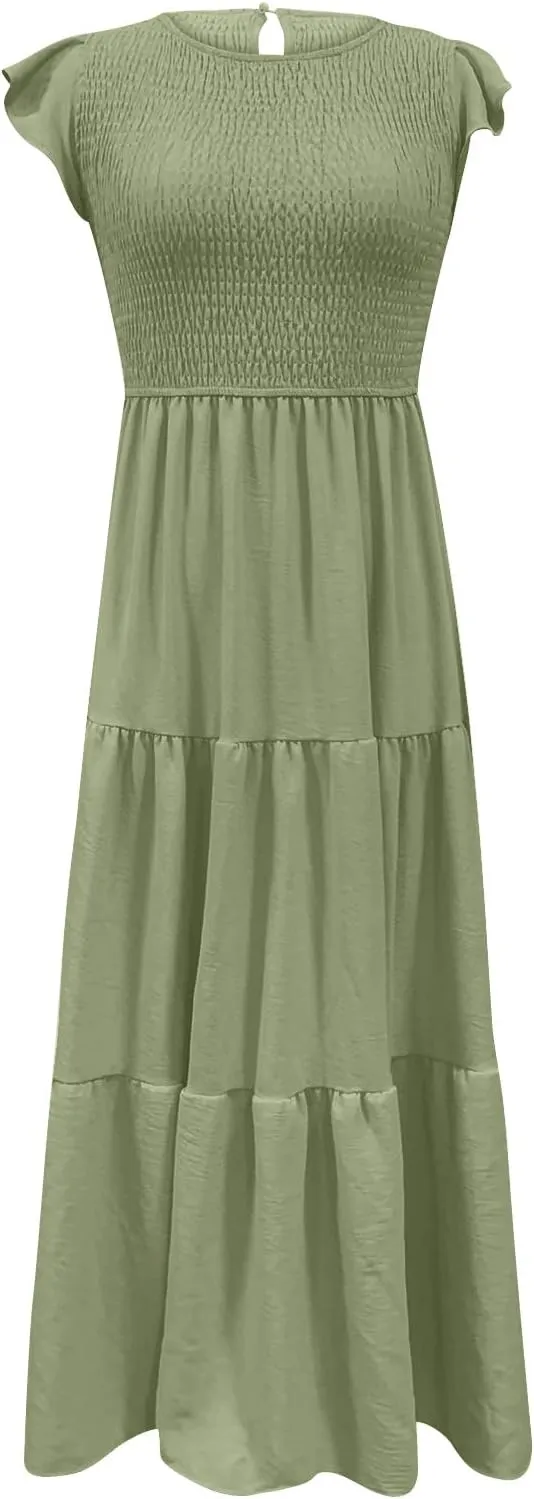 Womens 2023 Summer Casual Flutter Short Sleeve Long Dresses Crew Neck Smocked Elastic Waist Tiered Midi Dress