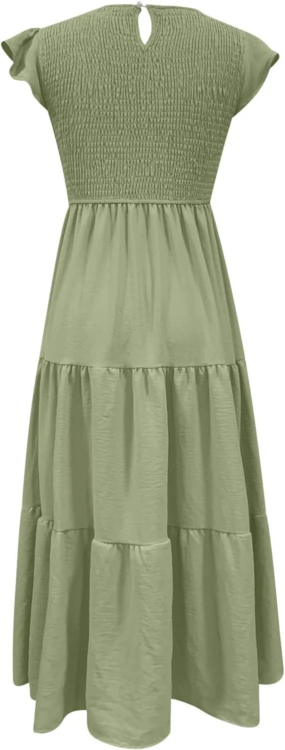 Womens 2023 Summer Casual Flutter Short Sleeve Long Dresses Crew Neck Smocked Elastic Waist Tiered Midi Dress