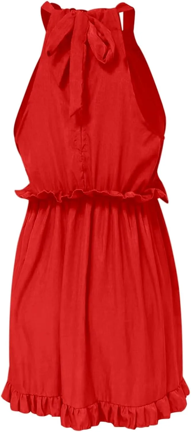 Women's 2025 Summer Halter Dresses Sleeveless Ruffle Tiered Layered Chiffon Sundresses Pleated A Line Swing Mini Dress