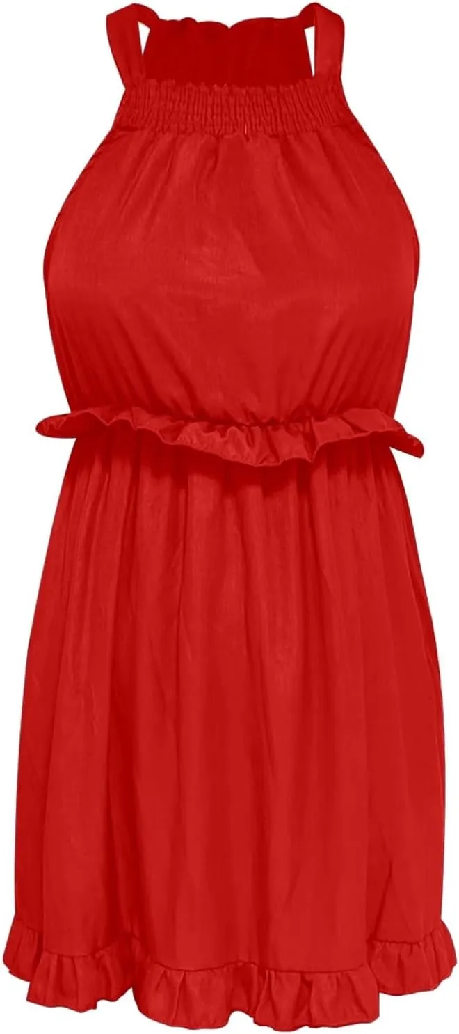 Women's 2025 Summer Halter Dresses Sleeveless Ruffle Tiered Layered Chiffon Sundresses Pleated A Line Swing Mini Dress