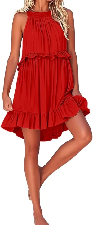 Women's 2025 Summer Halter Dresses Sleeveless Ruffle Tiered Layered Chiffon Sundresses Pleated A Line Swing Mini Dress