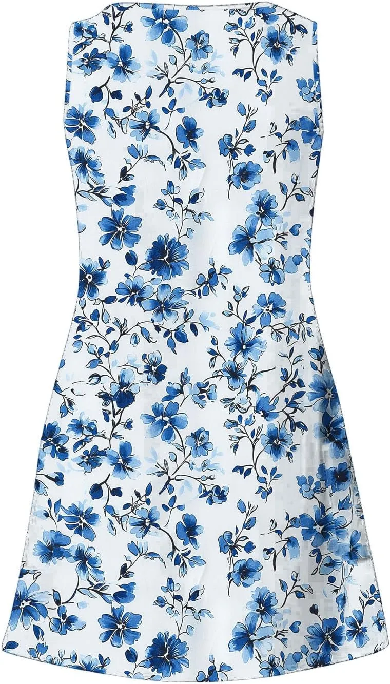 Womens 2025 Summer Sleeveless Sundress Loose Fit Casual Vintage Floral Print Boho Mini Dress V Neck Beach Tank Dress