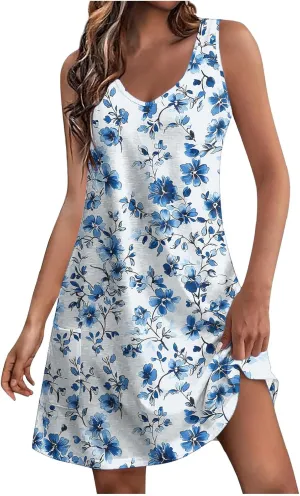 Womens 2025 Summer Sleeveless Sundress Loose Fit Casual Vintage Floral Print Boho Mini Dress V Neck Beach Tank Dress
