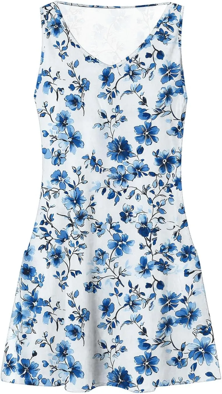 Womens 2025 Summer Sleeveless Sundress Loose Fit Casual Vintage Floral Print Boho Mini Dress V Neck Beach Tank Dress