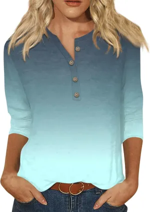 Womens 3/4 Length Sleeve Tops Casual Henley Summer Shirts Loose Fit Three Quarter Length Sleeve Blouses