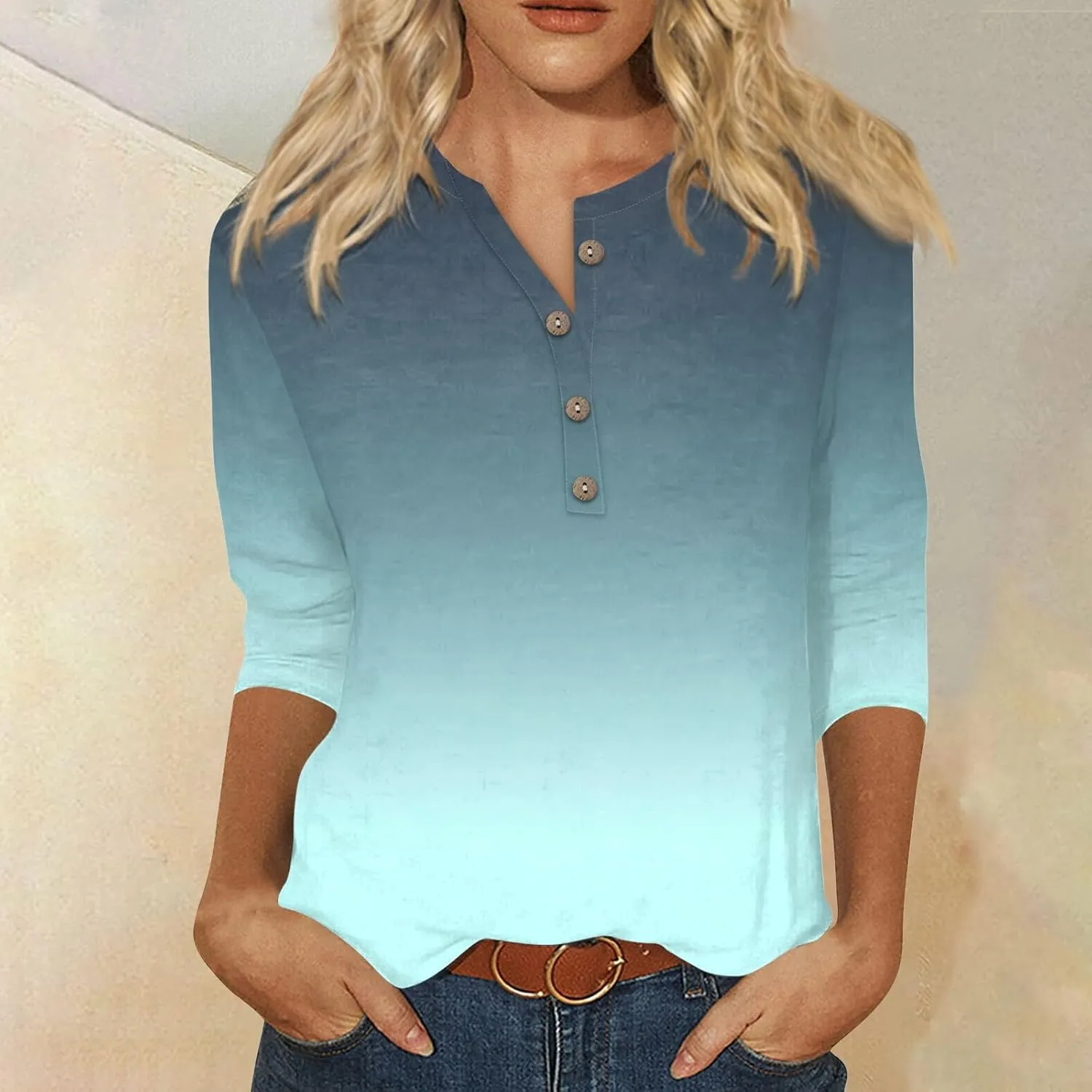 Womens 3/4 Length Sleeve Tops Casual Henley Summer Shirts Loose Fit Three Quarter Length Sleeve Blouses
