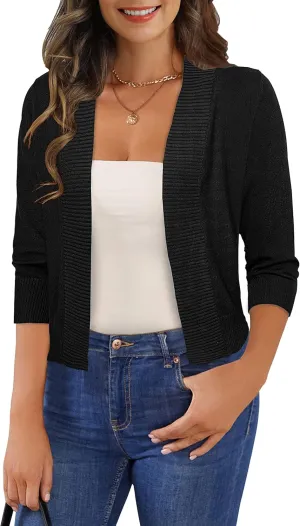Women's 3/4 Sleeve Cropped Cardigan Sweaters Open Front Bolero Short Shrugs S-XL