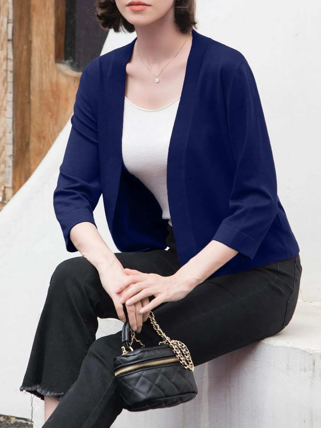 Women's 3/4 Sleeve Shrugs Sweaters Casual Lightweight Open Front Knitted Cardigans