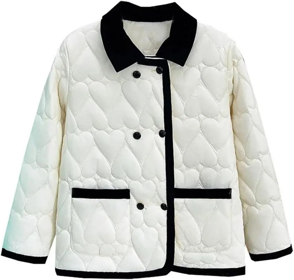 Women's Autumn Winter Fashion Contrast Color Cotton-Padded Coat Warm Heart Shaped Parkas