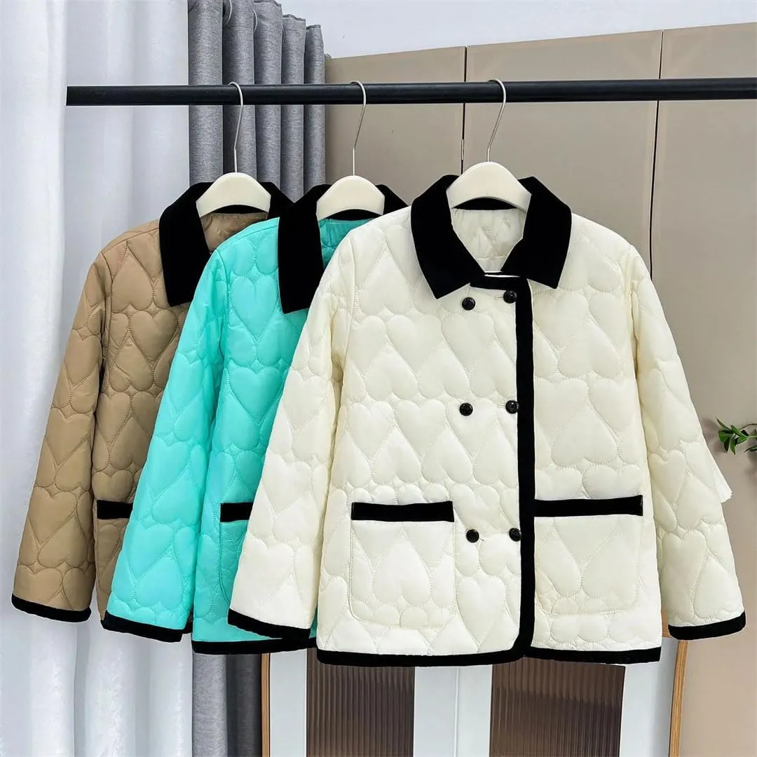 Women's Autumn Winter Fashion Contrast Color Cotton-Padded Coat Warm Heart Shaped Parkas