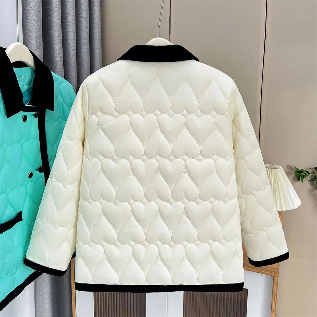 Women's Autumn Winter Fashion Contrast Color Cotton-Padded Coat Warm Heart Shaped Parkas