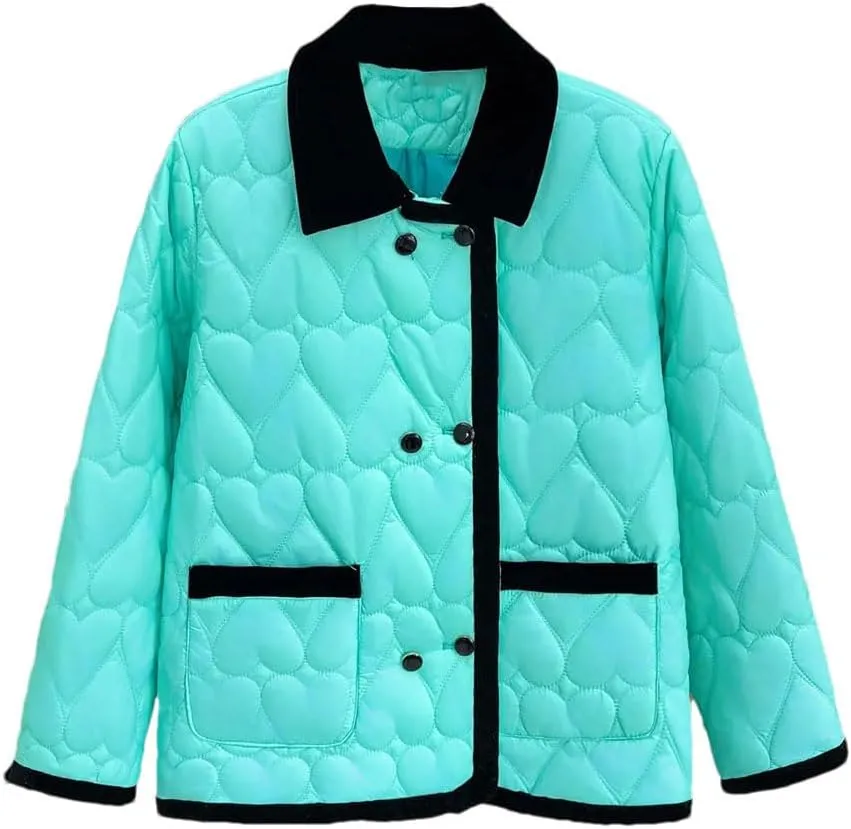 Women's Autumn Winter Fashion Contrast Color Cotton-Padded Coat Warm Heart Shaped Parkas