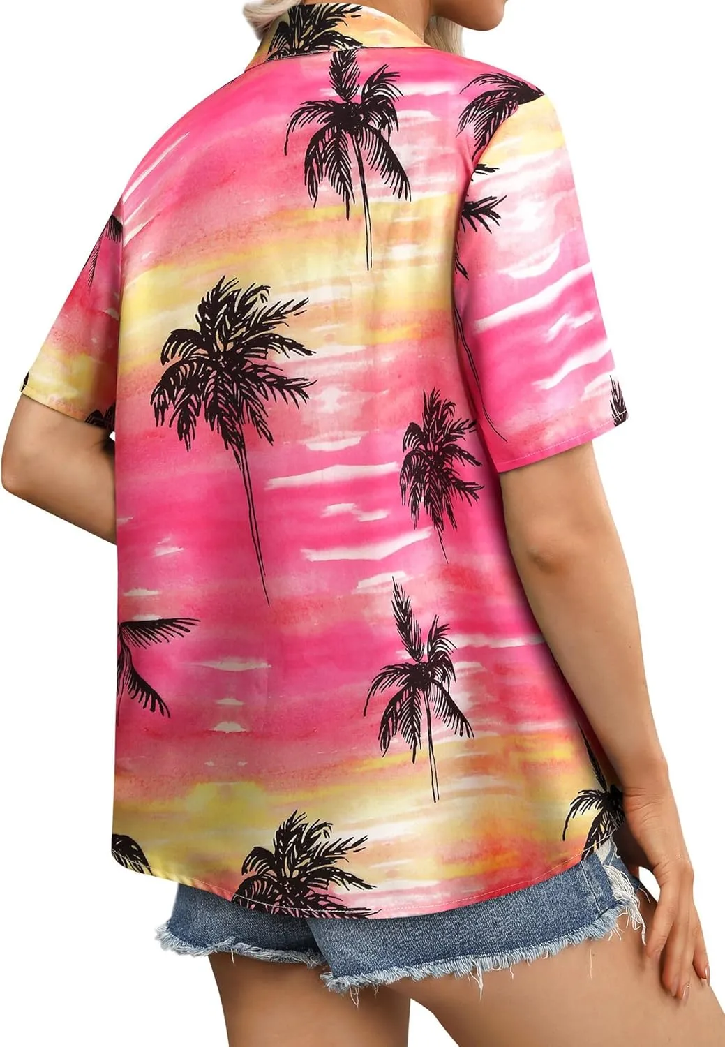 Womens Button Down Hawaiian Shirts Short Sleeve Floral Print Summer V Neck T-Shirt Casual Summer Beach Blouses Tops