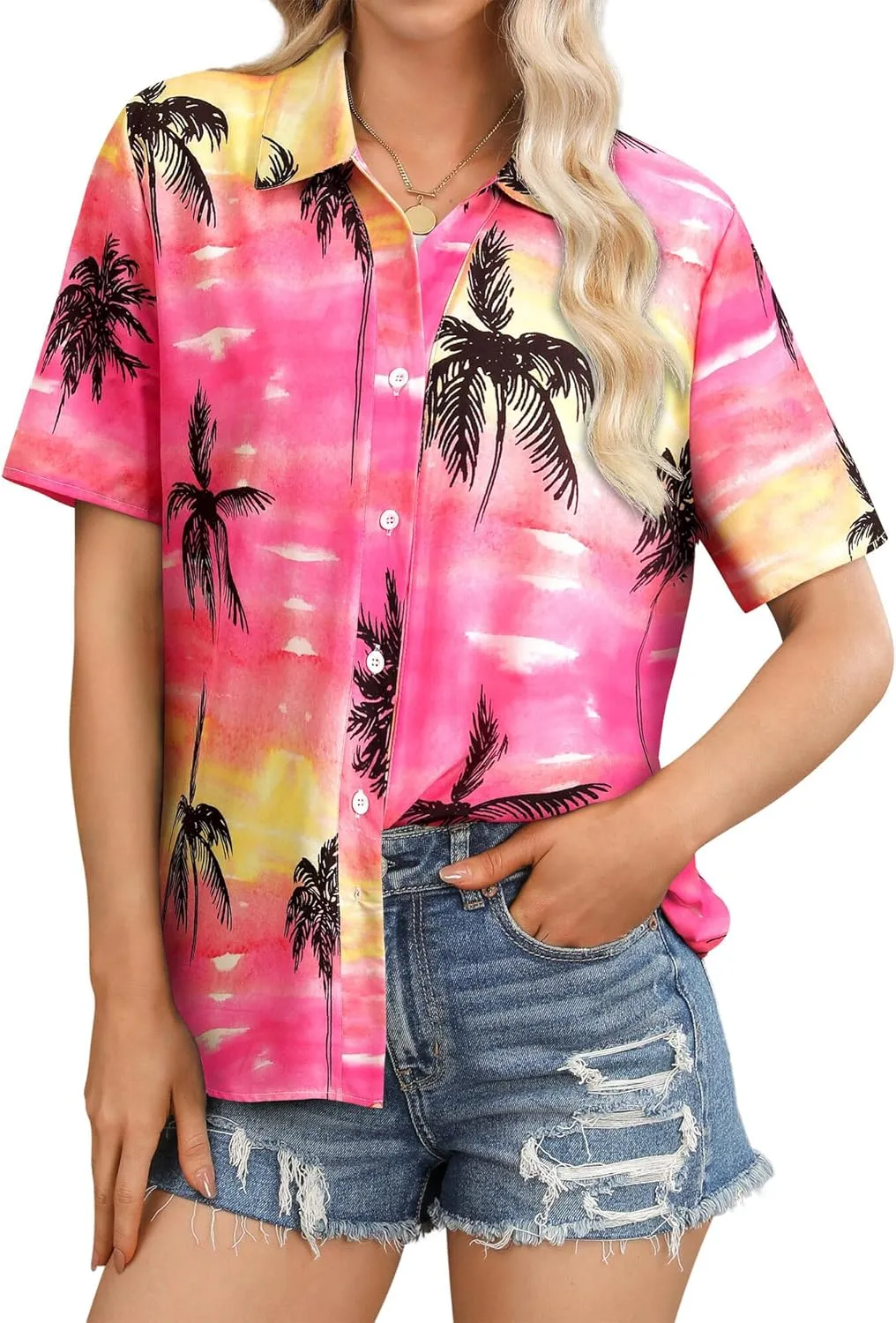 Womens Button Down Hawaiian Shirts Short Sleeve Floral Print Summer V Neck T-Shirt Casual Summer Beach Blouses Tops
