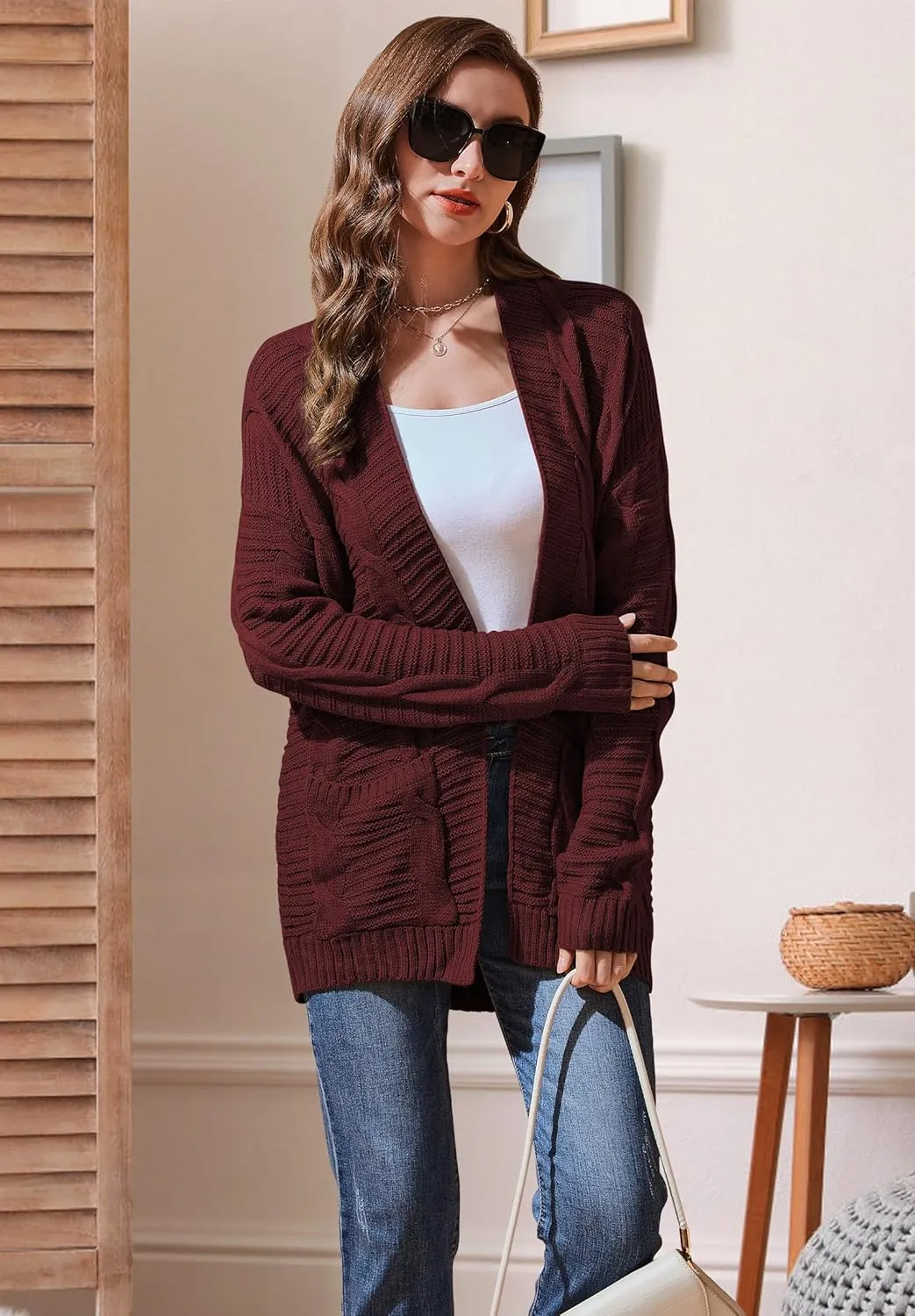 Womens Cardigan Sweaters Long Sleeve Knit Open Front Outwear Chunky Sweater with Pockets