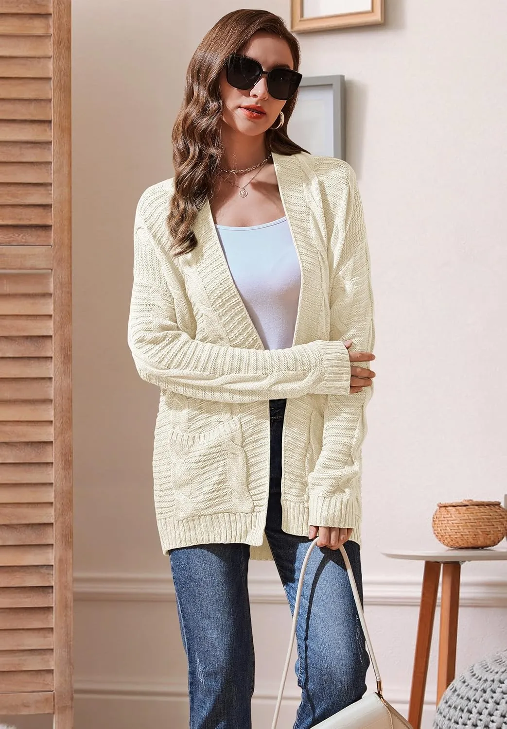 Womens Cardigan Sweaters Long Sleeve Knit Open Front Outwear Chunky Sweater with Pockets