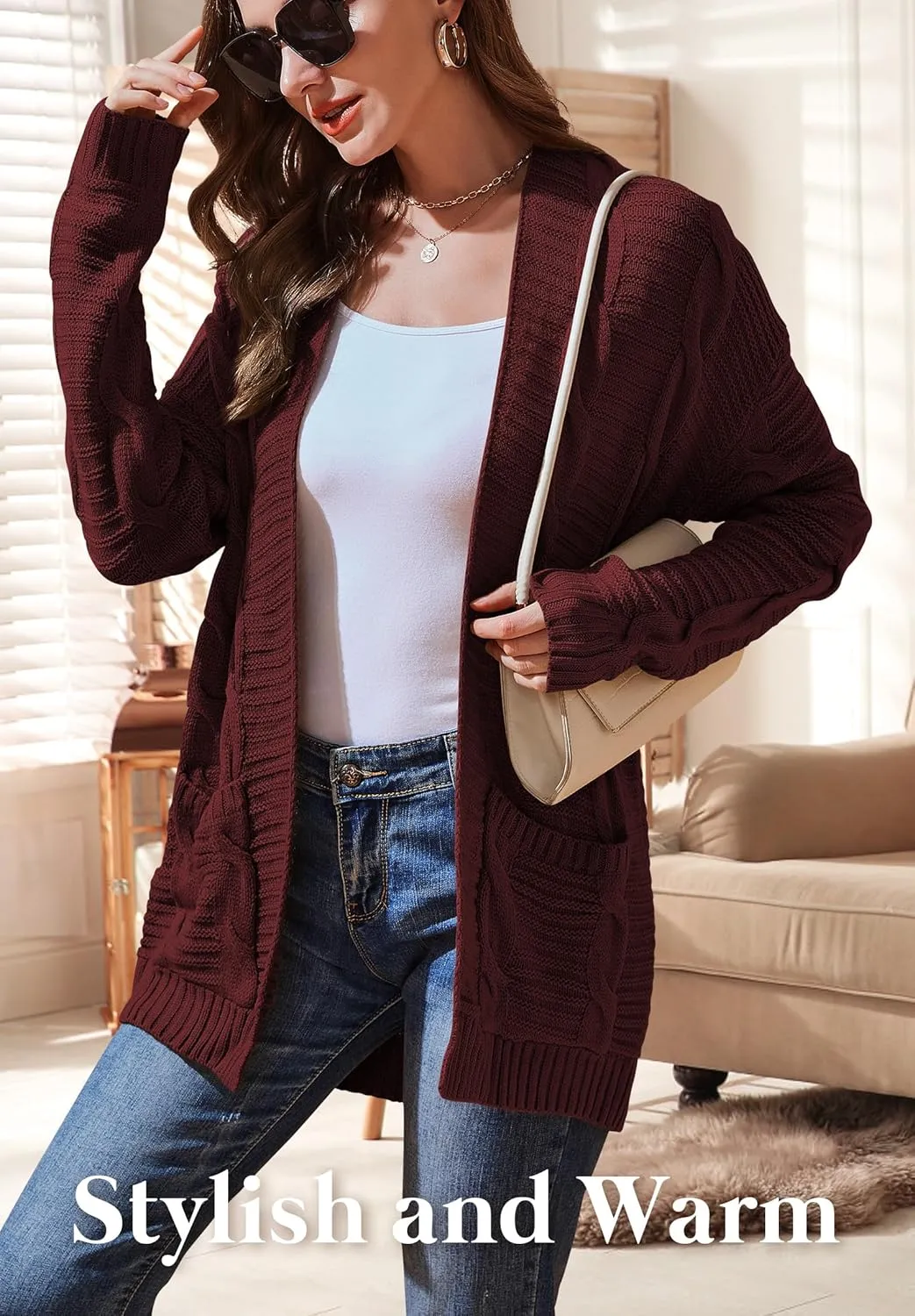 Womens Cardigan Sweaters Long Sleeve Knit Open Front Outwear Chunky Sweater with Pockets