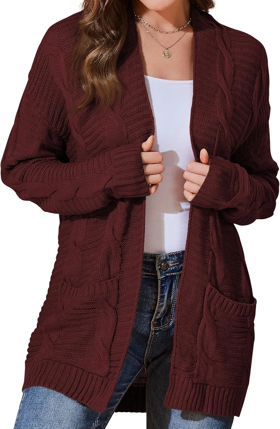 Womens Cardigan Sweaters Long Sleeve Knit Open Front Outwear Chunky Sweater with Pockets