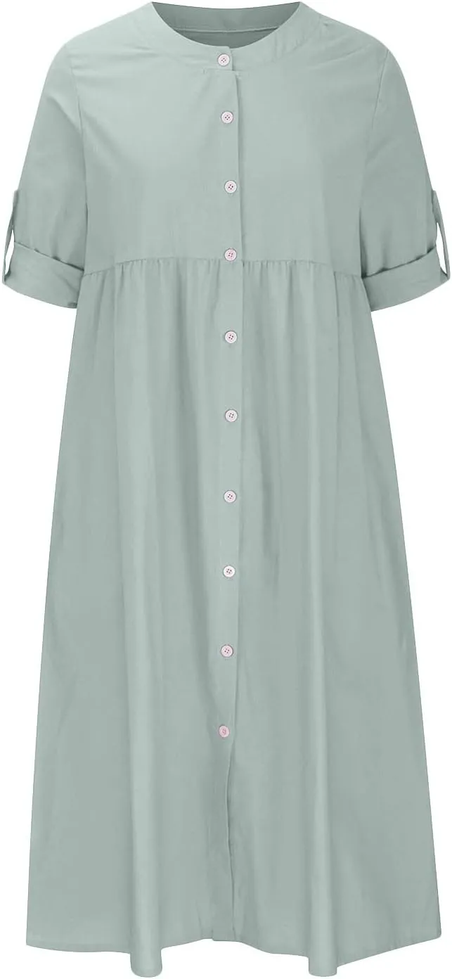 Women's Casual Dresses Beach Vacation Cotton Linen Dress V Neck Long Sleeve Button Down Sundress Maxi Sundress