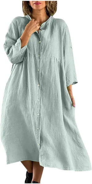 Women's Casual Dresses Beach Vacation Cotton Linen Dress V Neck Long Sleeve Button Down Sundress Maxi Sundress