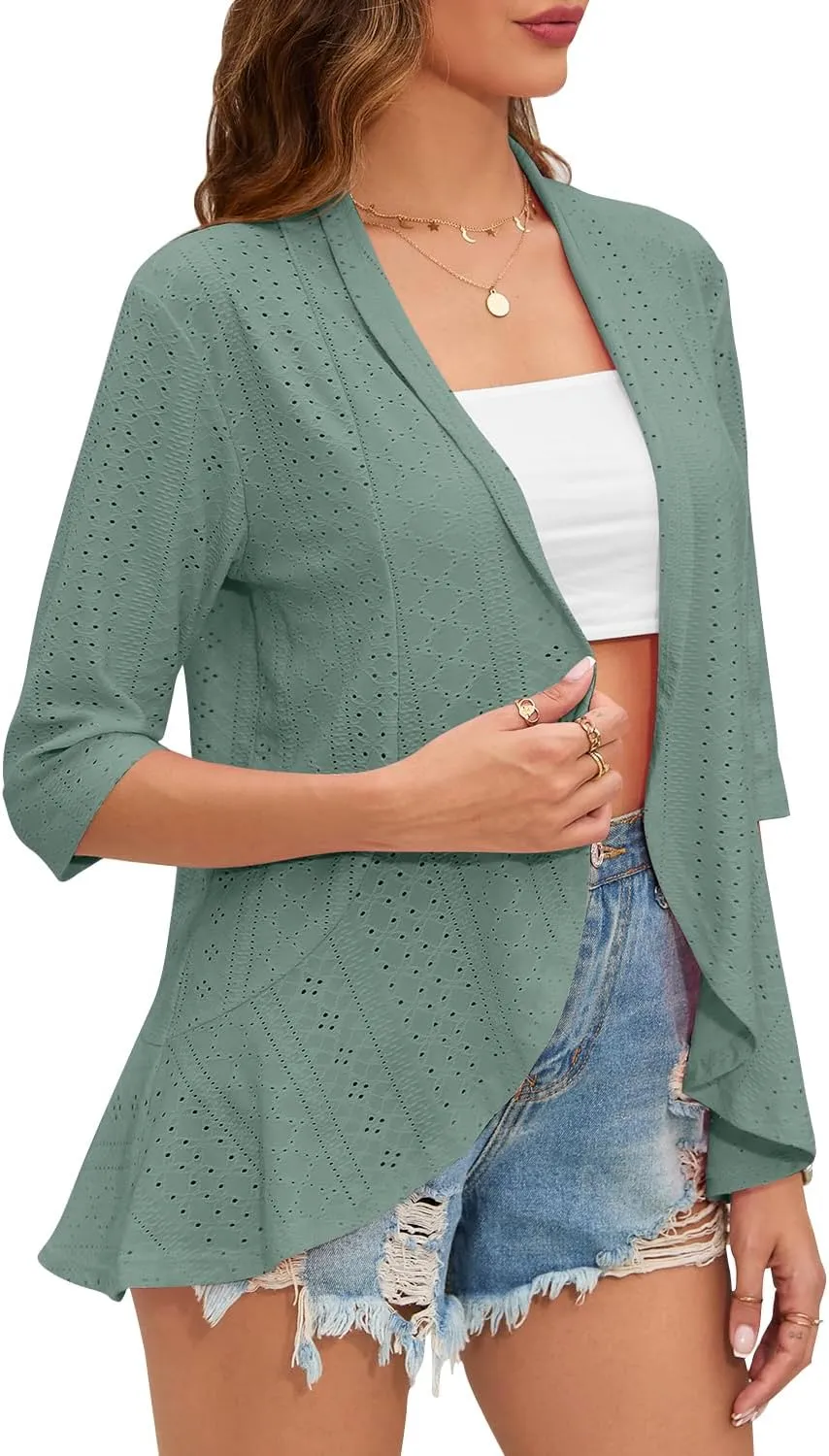 Women's Casual Lightweight Open Front Cardigans Ruffles 3/4 Sleeve Cardigan Soft Draped Cover Up
