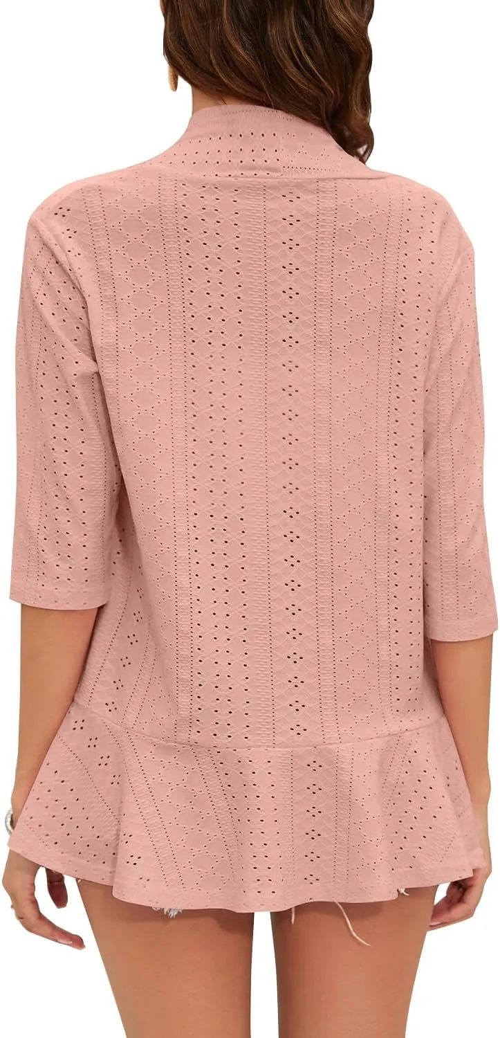 Women's Casual Lightweight Open Front Cardigans Ruffles 3/4 Sleeve Cardigan Soft Draped Cover Up
