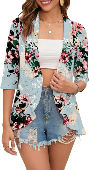 Women's Casual Lightweight Open Front Cardigans Ruffles 3/4 Sleeve Cardigan Soft Draped Cover Up
