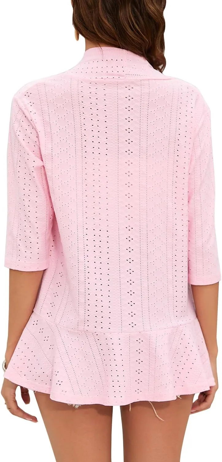 Women's Casual Lightweight Open Front Cardigans Ruffles 3/4 Sleeve Cardigan Soft Draped Cover Up