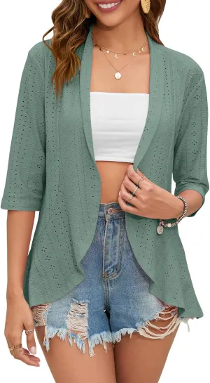 Women's Casual Lightweight Open Front Cardigans Ruffles 3/4 Sleeve Cardigan Soft Draped Cover Up