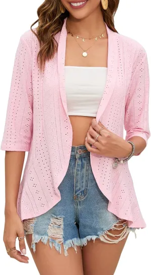 Women's Casual Lightweight Open Front Cardigans Ruffles 3/4 Sleeve Cardigan Soft Draped Cover Up