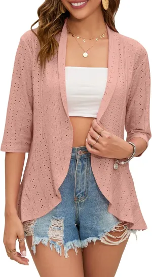 Women's Casual Lightweight Open Front Cardigans Ruffles 3/4 Sleeve Cardigan Soft Draped Cover Up