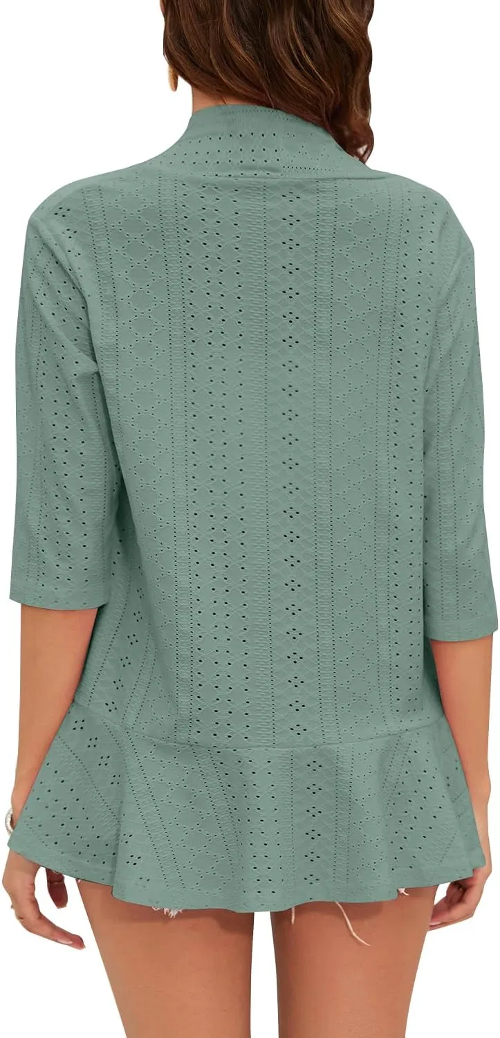 Women's Casual Lightweight Open Front Cardigans Ruffles 3/4 Sleeve Cardigan Soft Draped Cover Up