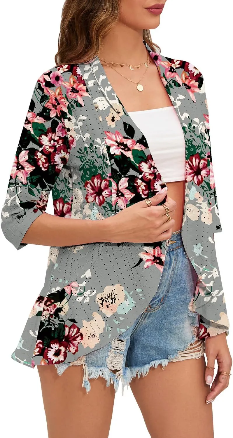 Women's Casual Lightweight Open Front Cardigans Ruffles 3/4 Sleeve Cardigan Soft Draped Cover Up