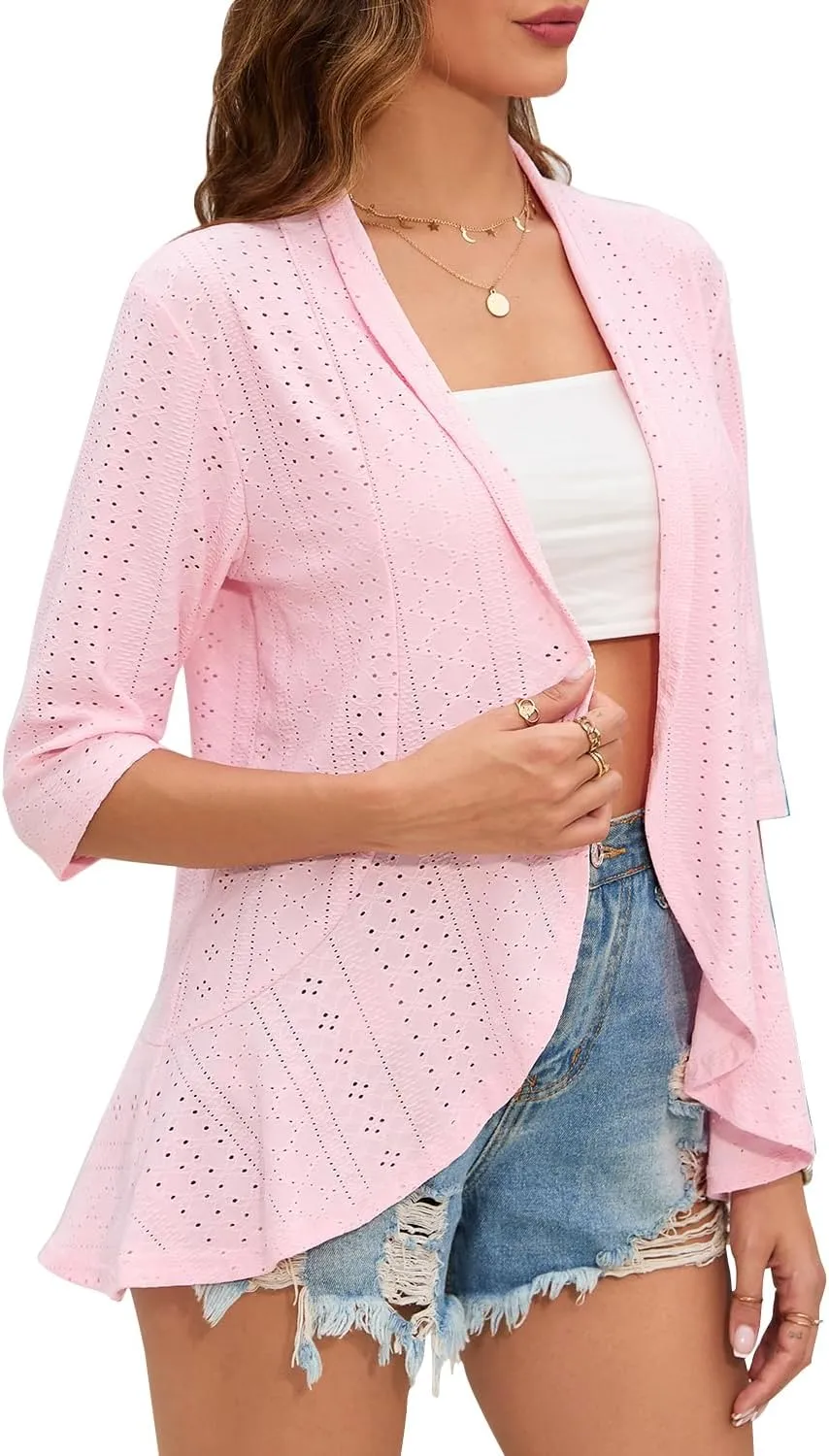 Women's Casual Lightweight Open Front Cardigans Ruffles 3/4 Sleeve Cardigan Soft Draped Cover Up
