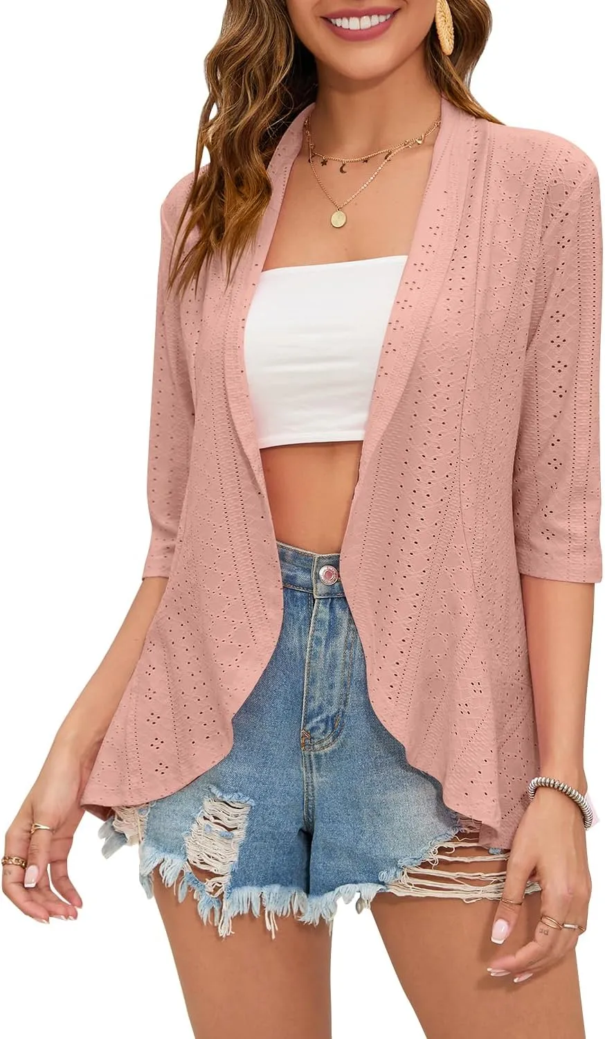 Women's Casual Lightweight Open Front Cardigans Ruffles 3/4 Sleeve Cardigan Soft Draped Cover Up