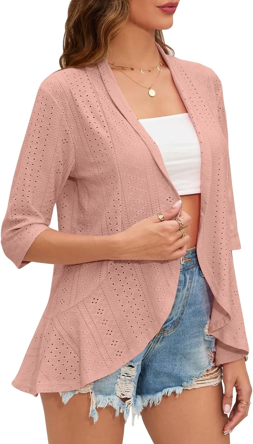 Women's Casual Lightweight Open Front Cardigans Ruffles 3/4 Sleeve Cardigan Soft Draped Cover Up