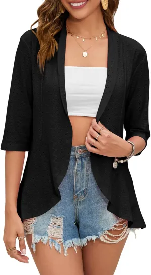 Women's Casual Lightweight Open Front Cardigans Ruffles 3/4 Sleeve Cardigan Soft Draped Cover Up