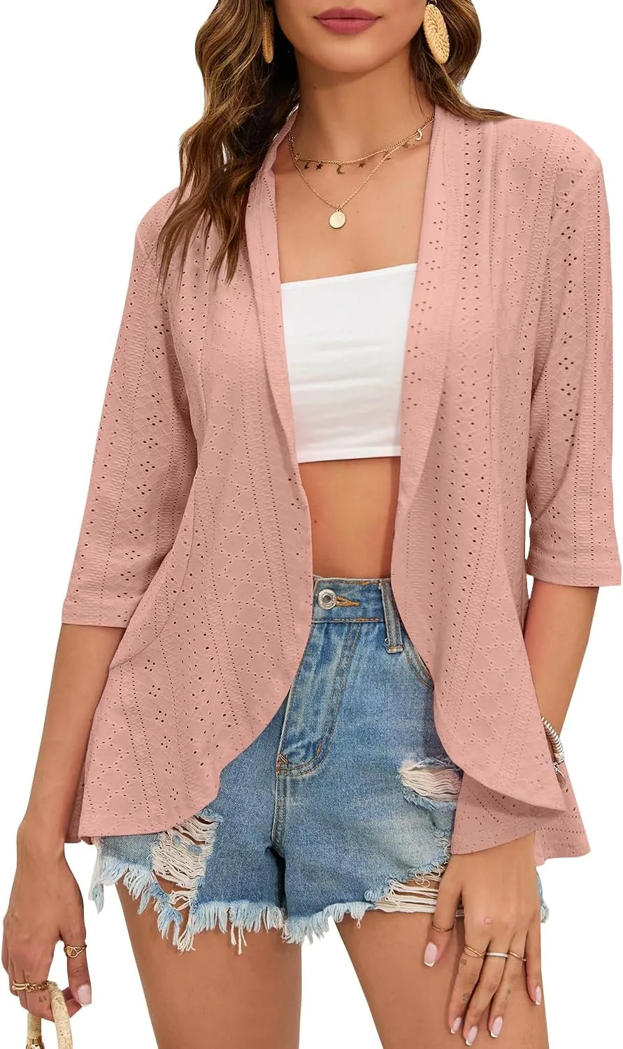 Women's Casual Lightweight Open Front Cardigans Ruffles 3/4 Sleeve Cardigan Soft Draped Cover Up