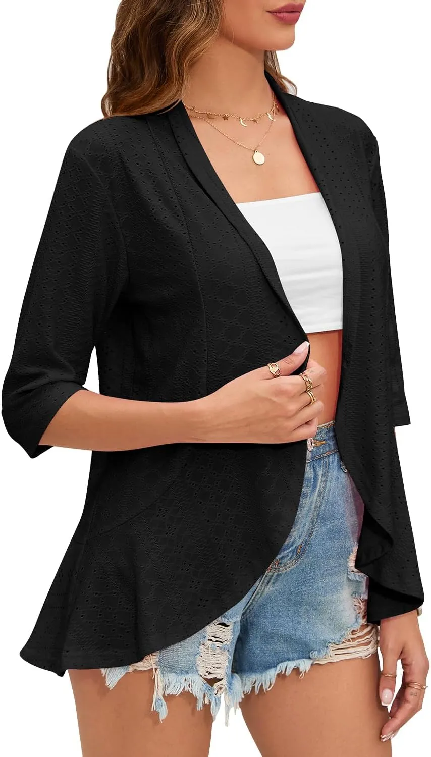 Women's Casual Lightweight Open Front Cardigans Ruffles 3/4 Sleeve Cardigan Soft Draped Cover Up