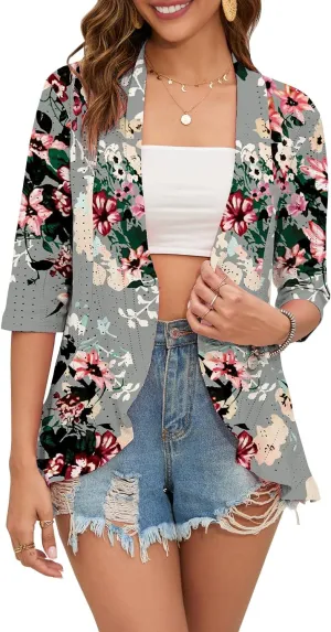 Women's Casual Lightweight Open Front Cardigans Ruffles 3/4 Sleeve Cardigan Soft Draped Cover Up