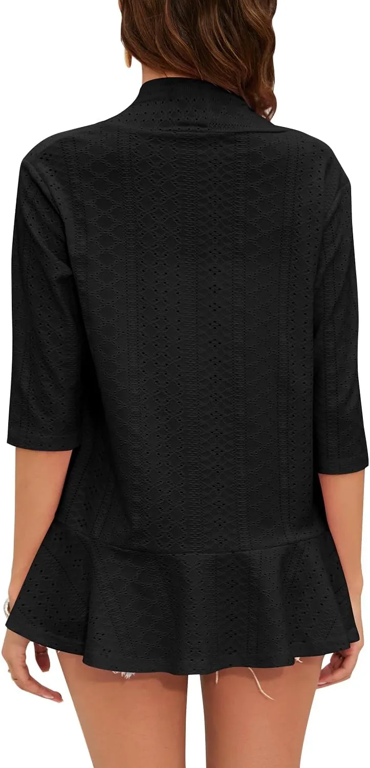Women's Casual Lightweight Open Front Cardigans Ruffles 3/4 Sleeve Cardigan Soft Draped Cover Up