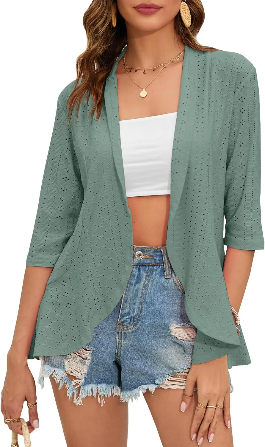 Women's Casual Lightweight Open Front Cardigans Ruffles 3/4 Sleeve Cardigan Soft Draped Cover Up