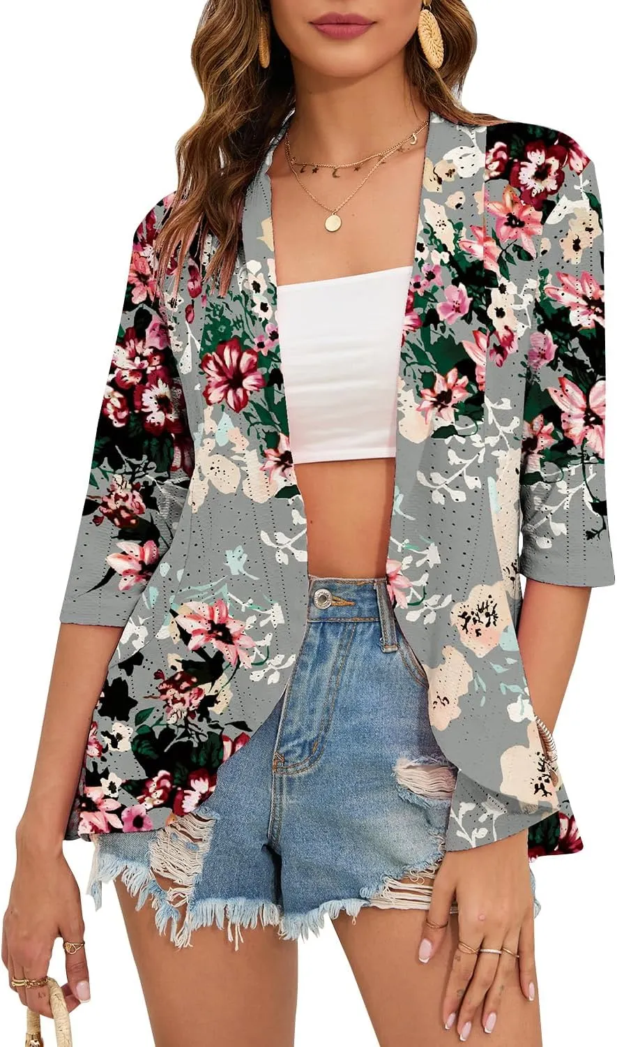 Women's Casual Lightweight Open Front Cardigans Ruffles 3/4 Sleeve Cardigan Soft Draped Cover Up