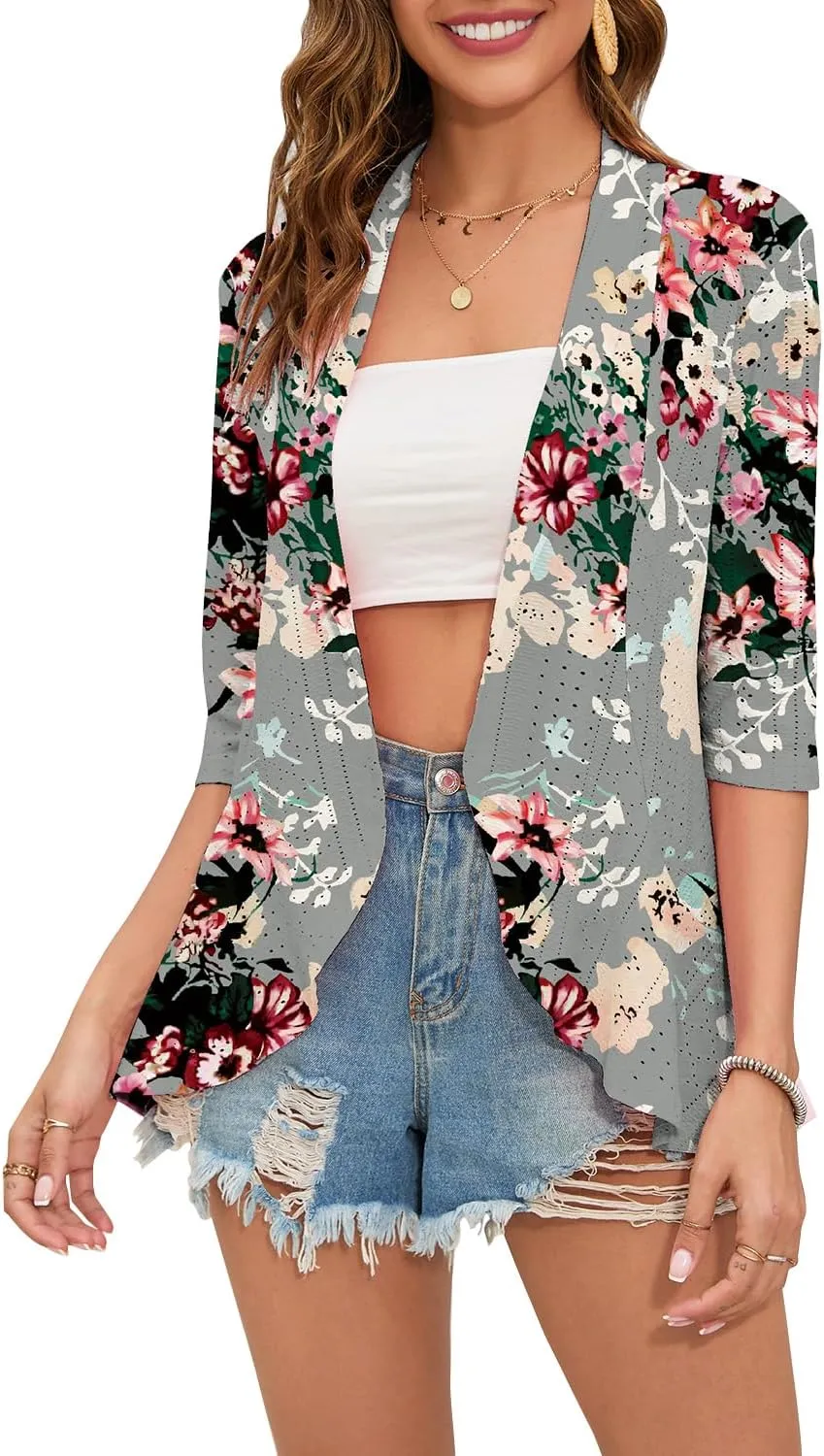 Women's Casual Lightweight Open Front Cardigans Ruffles 3/4 Sleeve Cardigan Soft Draped Cover Up