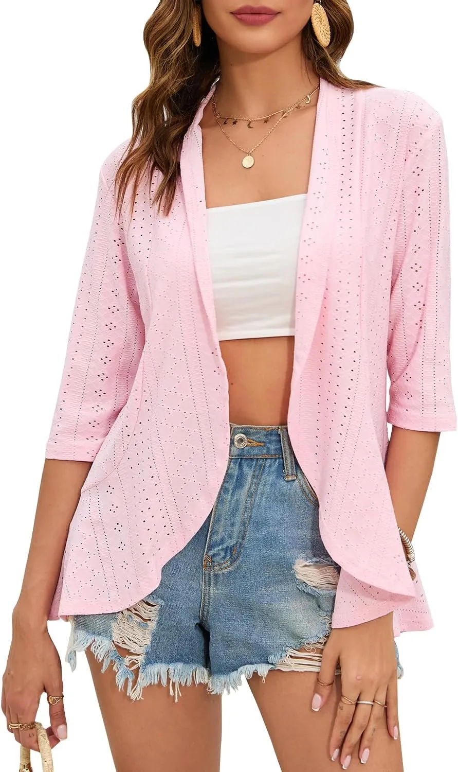 Women's Casual Lightweight Open Front Cardigans Ruffles 3/4 Sleeve Cardigan Soft Draped Cover Up