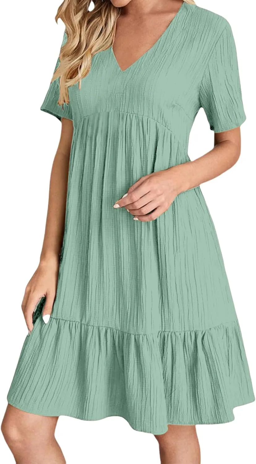 Womens Casual Summer Dresses Flowy Sleeveless Midi Dress Beach Vacation Sundress Ruffle Swing Dress V Neck Comfy
