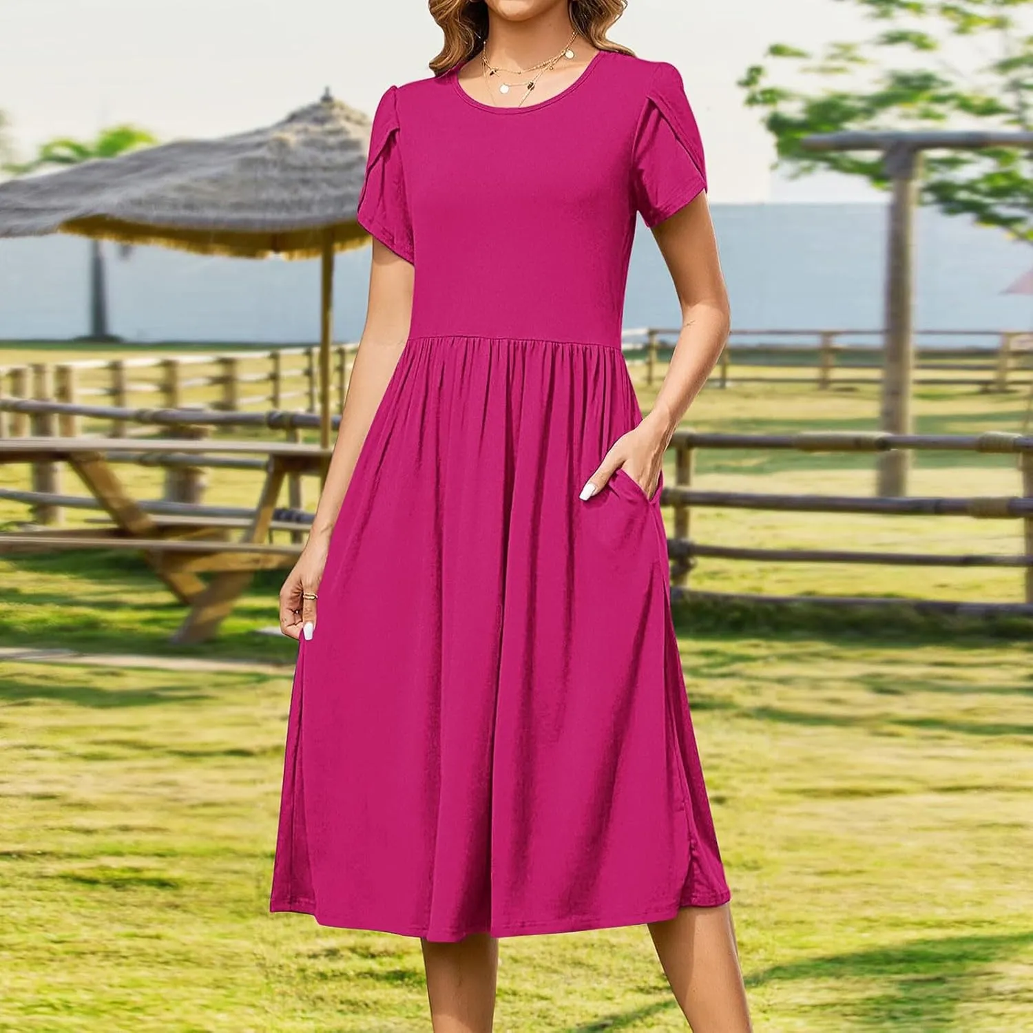 Women's Casual Summer Maxi Dress Spring Petal Short Sleeve Tshirt Dress with Pockets A Line Vacation Beach Sundress