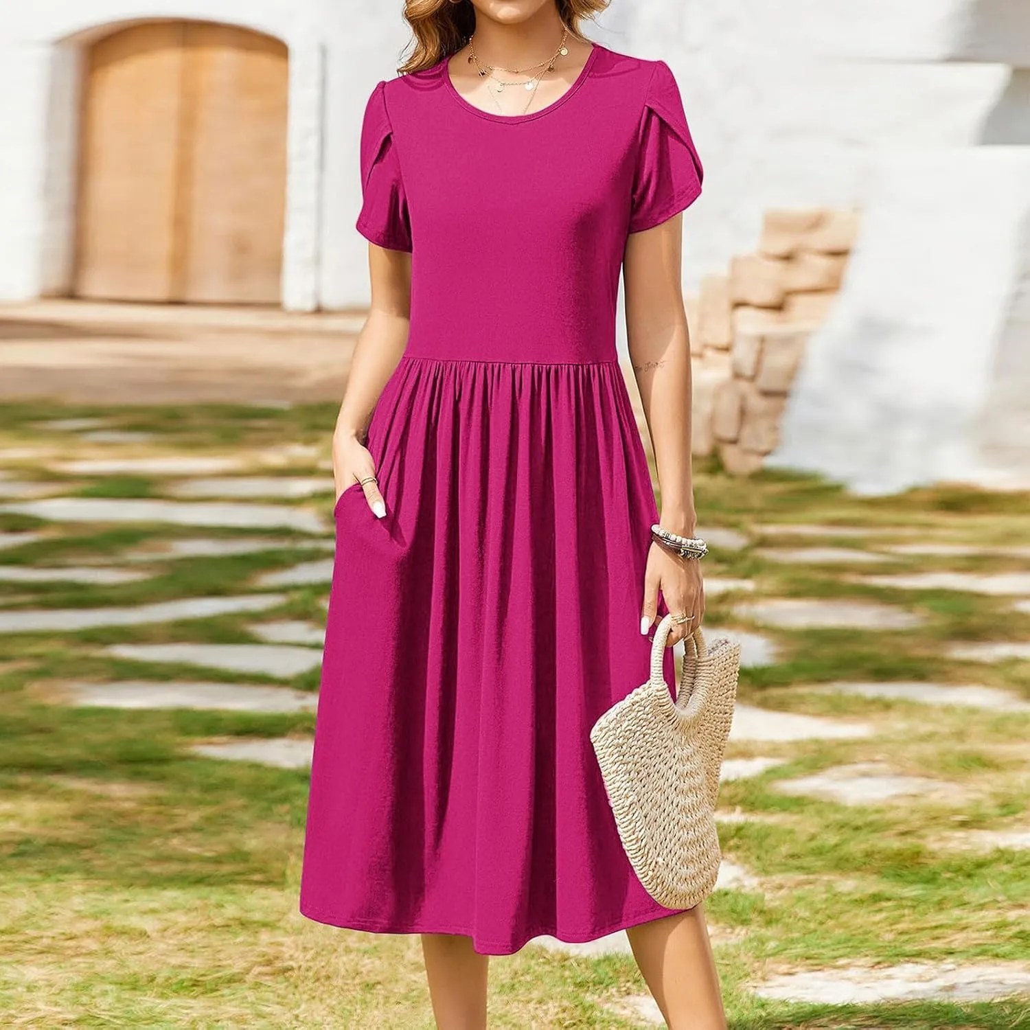 Women's Casual Summer Maxi Dress Spring Petal Short Sleeve Tshirt Dress with Pockets A Line Vacation Beach Sundress