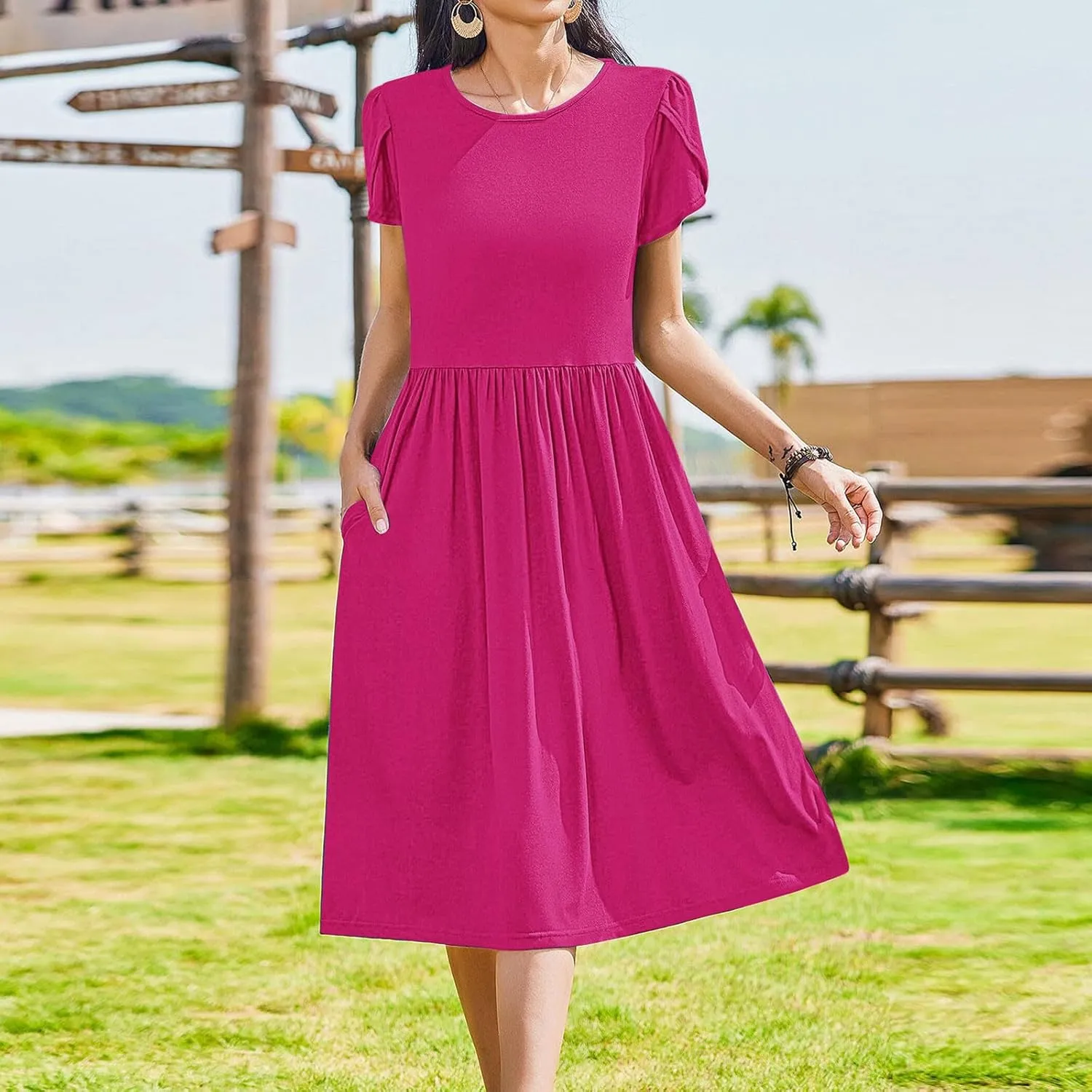 Women's Casual Summer Maxi Dress Spring Petal Short Sleeve Tshirt Dress with Pockets A Line Vacation Beach Sundress